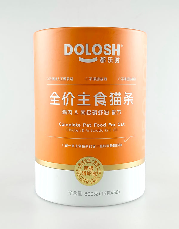 DOLOSH Premium Complete Wet Cat Food Puree Sticks – Chicken & Antarctic Krill Oil (800g Tub / 50 Sticks)